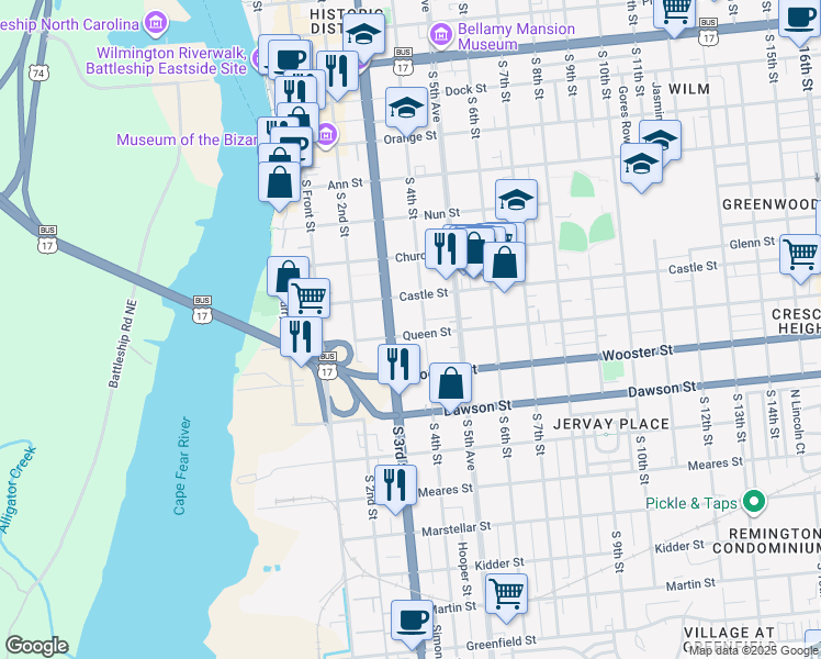 map of restaurants, bars, coffee shops, grocery stores, and more near 309 Queen Street in Wilmington