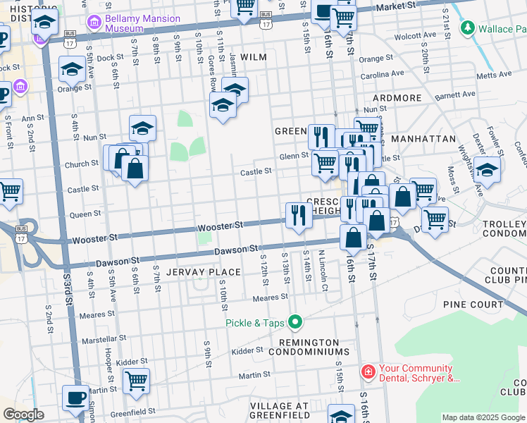 map of restaurants, bars, coffee shops, grocery stores, and more near 735 South 12th Street in Wilmington
