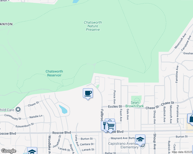 map of restaurants, bars, coffee shops, grocery stores, and more near 22818 West Oak Way in Los Angeles