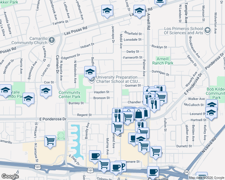 map of restaurants, bars, coffee shops, grocery stores, and more near 1979 Hayden Street in Camarillo