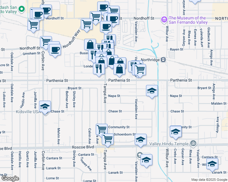 map of restaurants, bars, coffee shops, grocery stores, and more near 19224 Bryant Street in Los Angeles