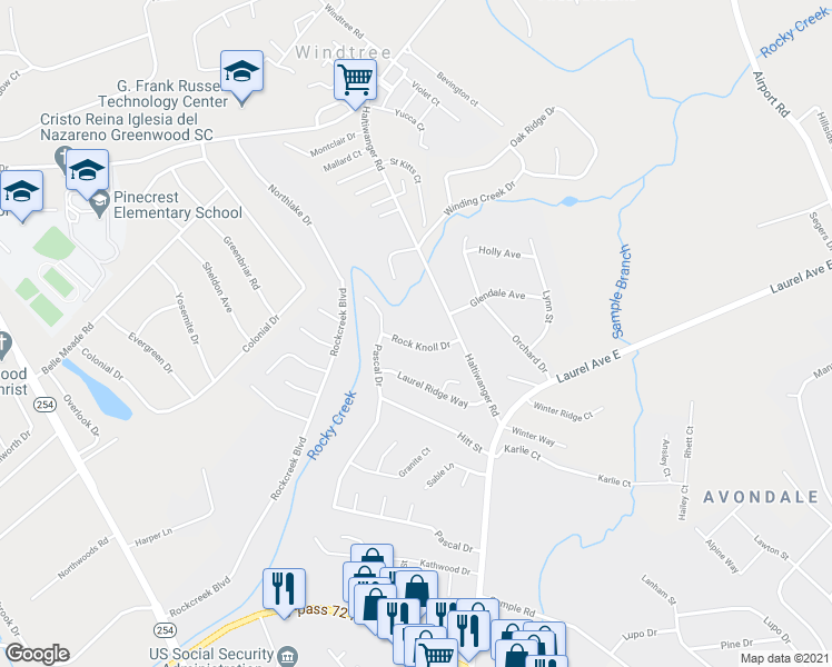 map of restaurants, bars, coffee shops, grocery stores, and more near 204 Rock Knoll Dr in Greenwood
