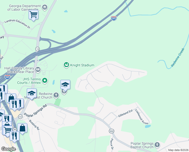 map of restaurants, bars, coffee shops, grocery stores, and more near 3711 Ridge Bluff Place in Gainesville