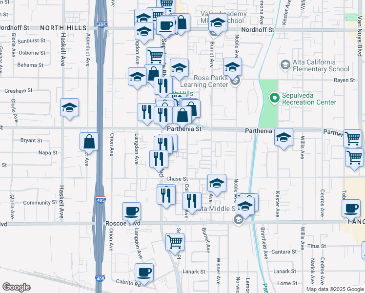 map of restaurants, bars, coffee shops, grocery stores, and more near 8615 Columbus Avenue in Los Angeles