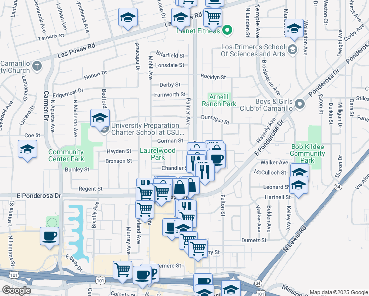 map of restaurants, bars, coffee shops, grocery stores, and more near 2255 Ascot Place in Camarillo