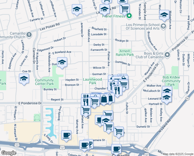 map of restaurants, bars, coffee shops, grocery stores, and more near 2159 Ascot Place in Camarillo