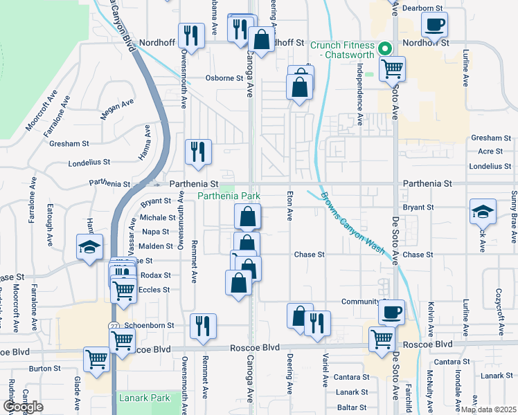 map of restaurants, bars, coffee shops, grocery stores, and more near 21126 Bryant Street in Los Angeles
