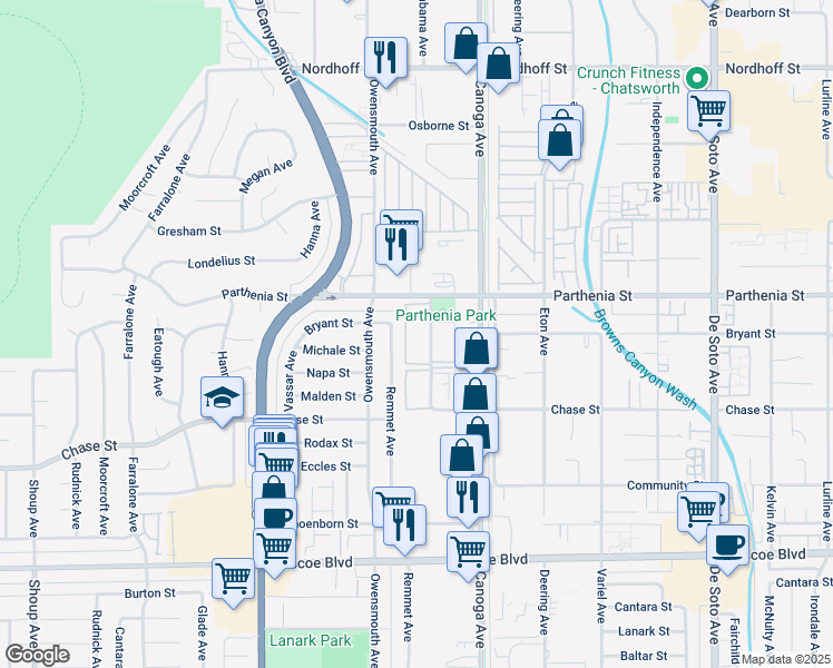 map of restaurants, bars, coffee shops, grocery stores, and more near 8601 International Avenue in Canoga Park