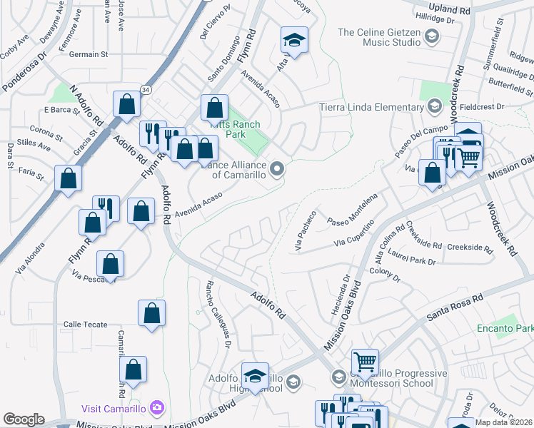 map of restaurants, bars, coffee shops, grocery stores, and more near 103 Rancho Adolfo Drive in Camarillo