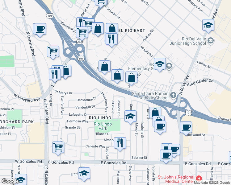 map of restaurants, bars, coffee shops, grocery stores, and more near 2364 Jardin Drive in Oxnard