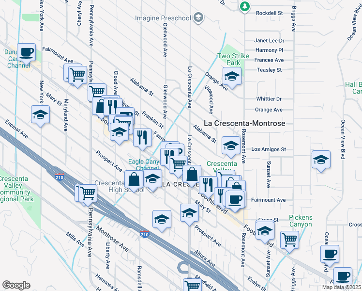 map of restaurants, bars, coffee shops, grocery stores, and more near 4608 Dyer Street in La Crescenta-Montrose