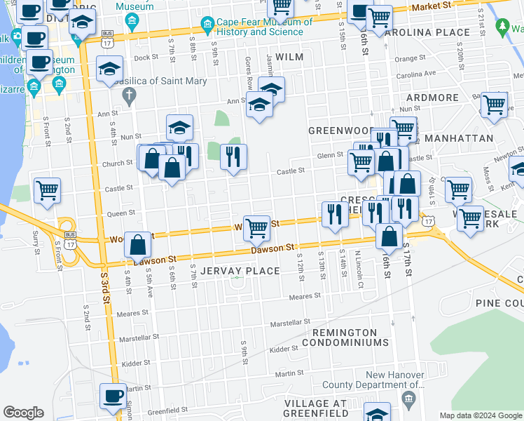 map of restaurants, bars, coffee shops, grocery stores, and more near 1009 Shaws Alley in Wilmington