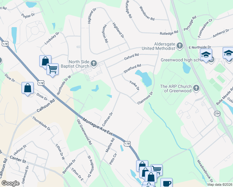 map of restaurants, bars, coffee shops, grocery stores, and more near 401 Clairmont Drive in Greenwood