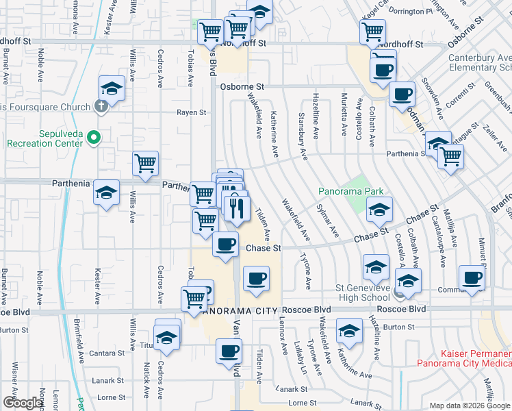 map of restaurants, bars, coffee shops, grocery stores, and more near 8628 Tilden Avenue in Los Angeles