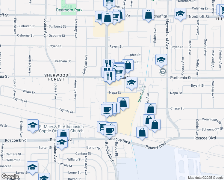 map of restaurants, bars, coffee shops, grocery stores, and more near 16901 Napa Street in Los Angeles