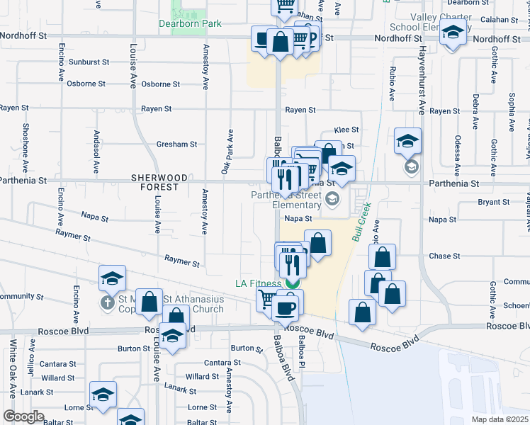 map of restaurants, bars, coffee shops, grocery stores, and more near 8601-8609 Balboa Boulevard in Los Angeles
