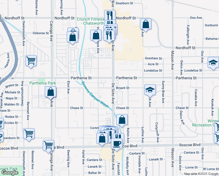 map of restaurants, bars, coffee shops, grocery stores, and more near 20862 Bryant Street in Los Angeles
