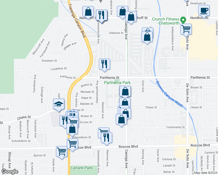 map of restaurants, bars, coffee shops, grocery stores, and more near 8584 Remmet Avenue in Los Angeles