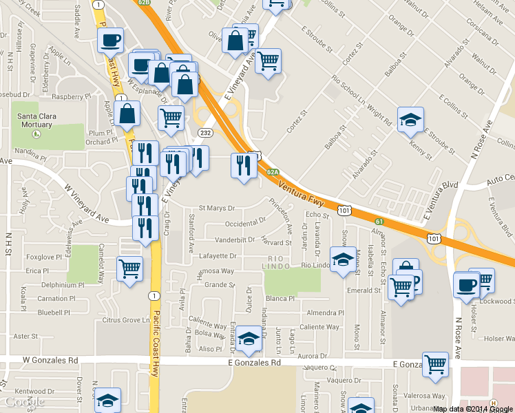 map of restaurants, bars, coffee shops, grocery stores, and more near 360 Saint Marys Drive in Oxnard