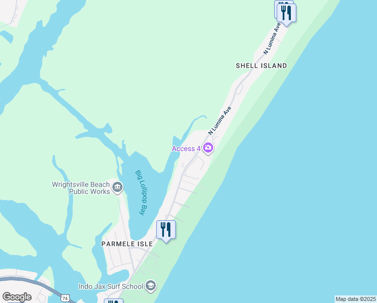 map of restaurants, bars, coffee shops, grocery stores, and more near 2301 N Lumina Ave in Wrightsville Beach