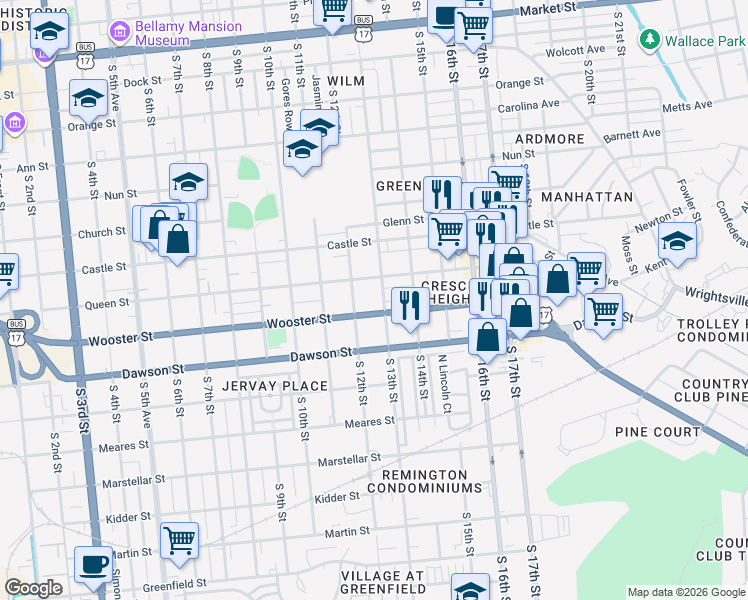 map of restaurants, bars, coffee shops, grocery stores, and more near 735 South 12th Street in Wilmington