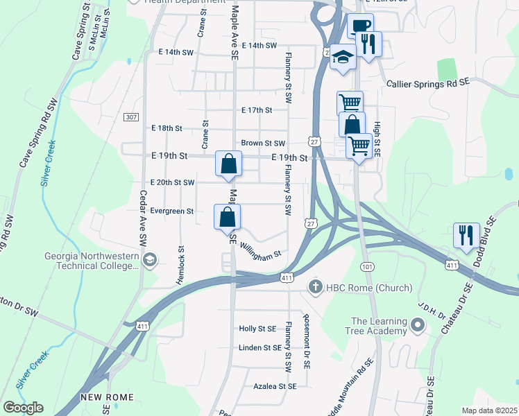 map of restaurants, bars, coffee shops, grocery stores, and more near 14 Clover Street Southwest in Rome