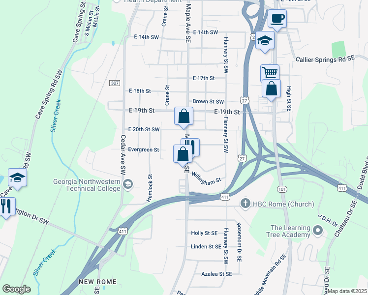 map of restaurants, bars, coffee shops, grocery stores, and more near 2014 Maple Avenue Southwest in Rome