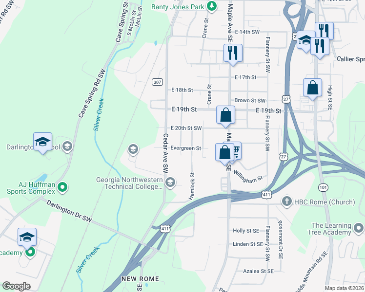 map of restaurants, bars, coffee shops, grocery stores, and more near 2013 Hull Avenue Southwest in Rome