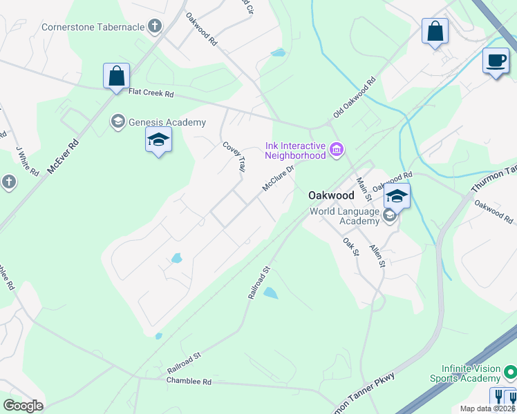 map of restaurants, bars, coffee shops, grocery stores, and more near 4108 Oakwood Village in Oakwood