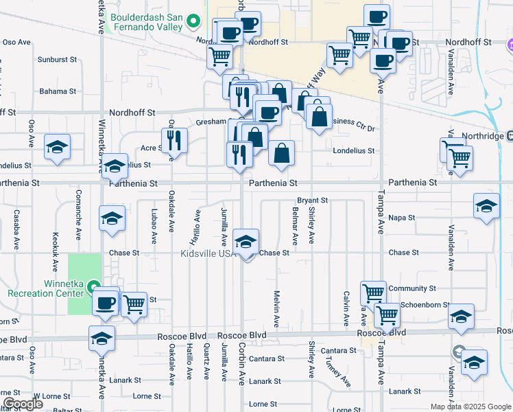 map of restaurants, bars, coffee shops, grocery stores, and more near 8619 Bothwell Road in Los Angeles