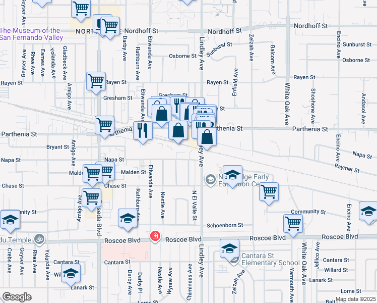 map of restaurants, bars, coffee shops, grocery stores, and more near 18135 Napa Street in Los Angeles