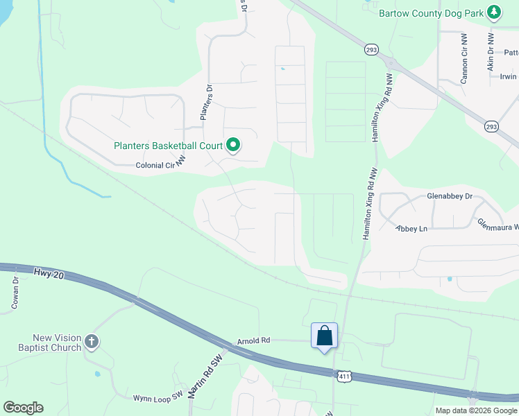 map of restaurants, bars, coffee shops, grocery stores, and more near 104 Planters Drive in Cartersville