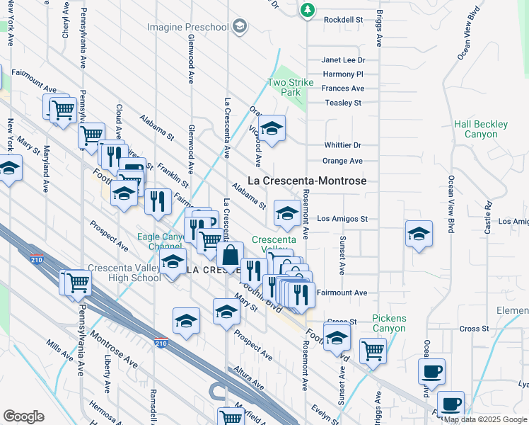 map of restaurants, bars, coffee shops, grocery stores, and more near 2702 Alabama Street in La Crescenta-Montrose