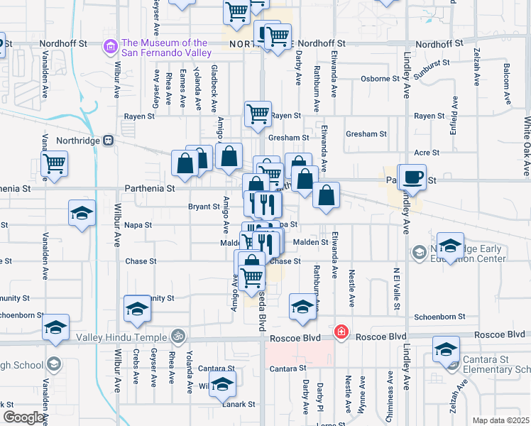 map of restaurants, bars, coffee shops, grocery stores, and more near 8616 Reseda Boulevard in Los Angeles