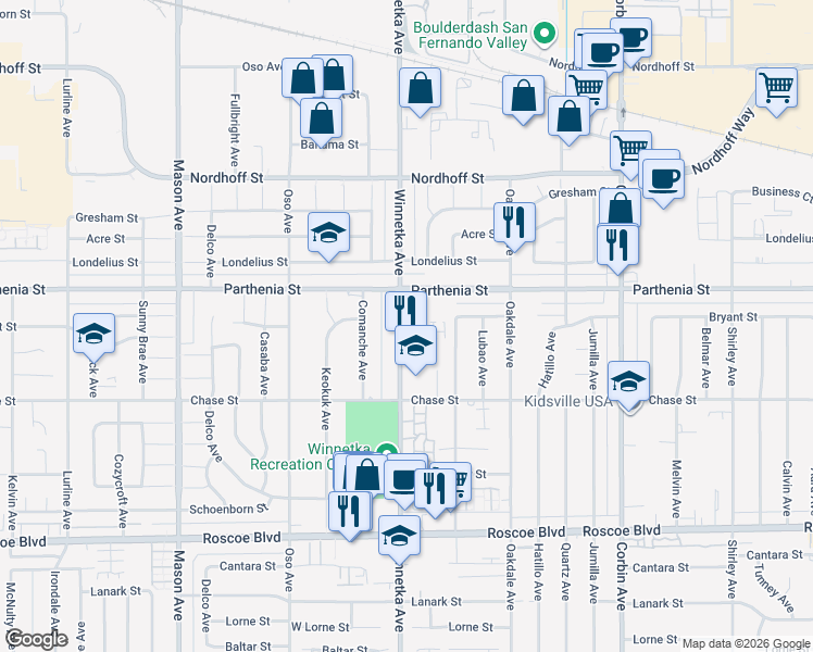map of restaurants, bars, coffee shops, grocery stores, and more near 20054 Lila Place in Los Angeles