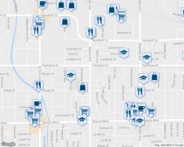 map of restaurants, bars, coffee shops, grocery stores, and more near 8618 Mason Avenue in Los Angeles