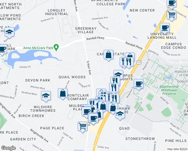 map of restaurants, bars, coffee shops, grocery stores, and more near 4504 Kimberly Way in Wilmington