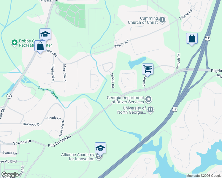 map of restaurants, bars, coffee shops, grocery stores, and more near 1209 Rubble Road in Cumming
