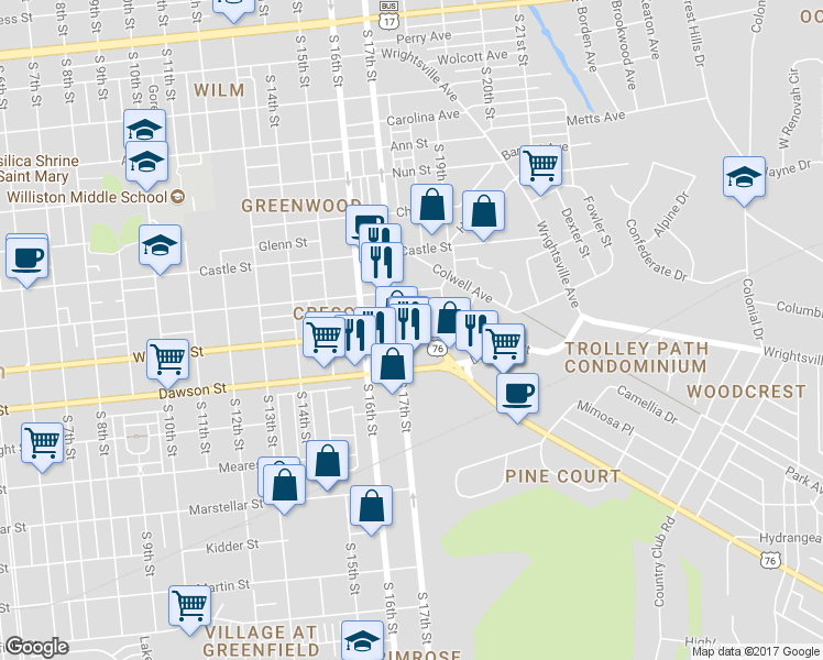 map of restaurants, bars, coffee shops, grocery stores, and more near 1701 Wooster Street in Wilmington
