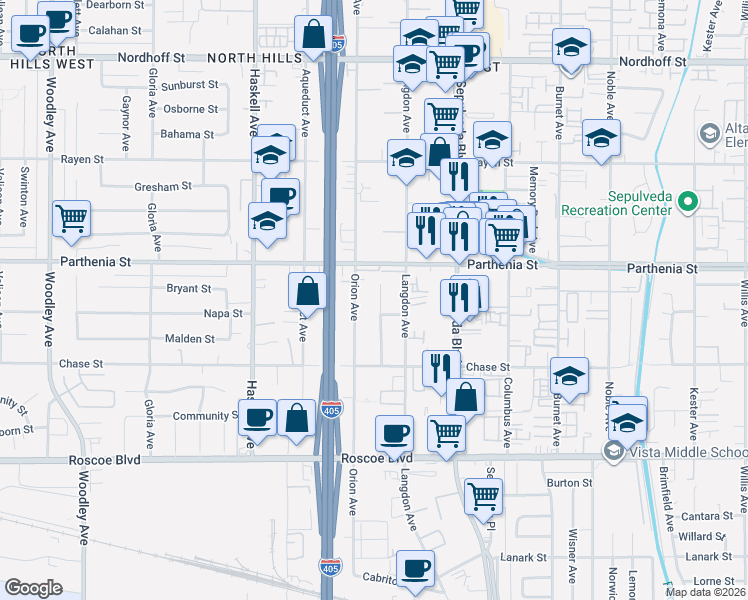 map of restaurants, bars, coffee shops, grocery stores, and more near 8617 Marklein Avenue in Los Angeles