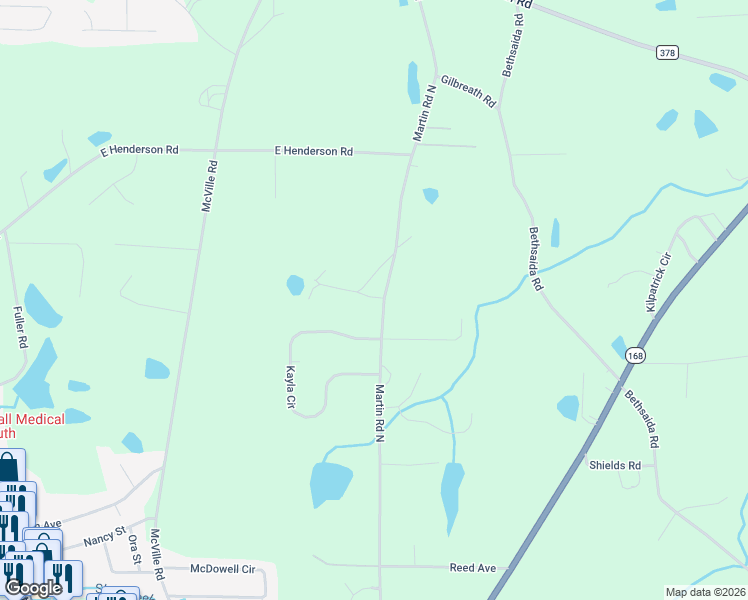 map of restaurants, bars, coffee shops, grocery stores, and more near 1127 Martin Road North in Boaz