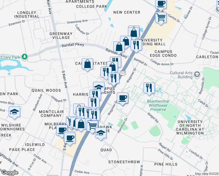 map of restaurants, bars, coffee shops, grocery stores, and more near 604 South College Road in Wilmington