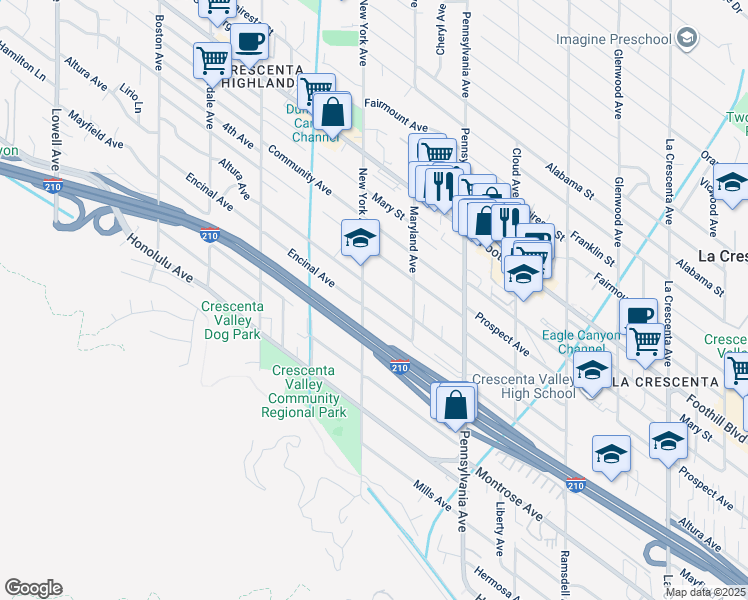 map of restaurants, bars, coffee shops, grocery stores, and more near 3346 Altura Avenue in Glendale