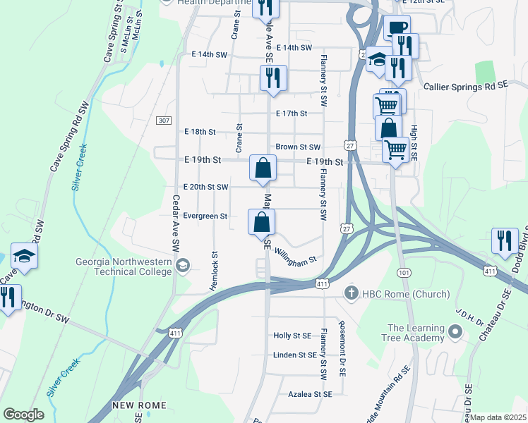 map of restaurants, bars, coffee shops, grocery stores, and more near 2014 Maple Avenue Southwest in Rome