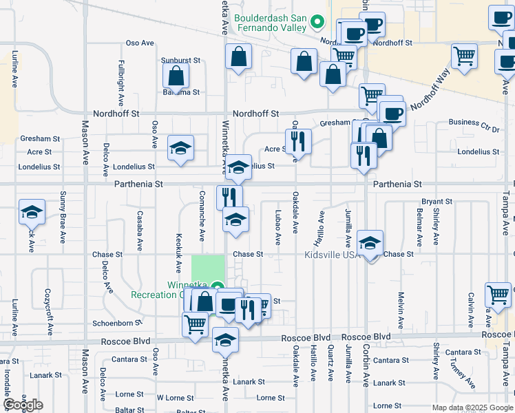 map of restaurants, bars, coffee shops, grocery stores, and more near 8633 Penfield Avenue in Los Angeles