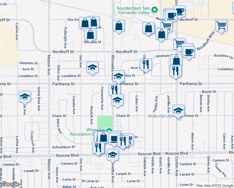 map of restaurants, bars, coffee shops, grocery stores, and more near 20054 Lila Place in Los Angeles