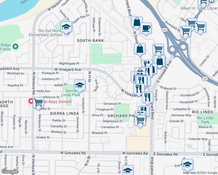 map of restaurants, bars, coffee shops, grocery stores, and more near 549 Holly Avenue in Oxnard