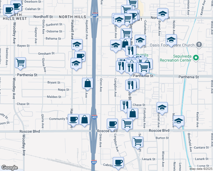 map of restaurants, bars, coffee shops, grocery stores, and more near 8617 Marklein Avenue in Los Angeles
