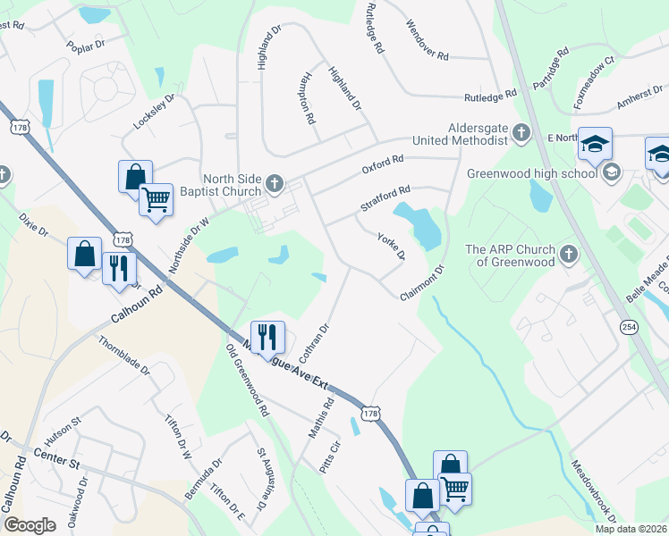 map of restaurants, bars, coffee shops, grocery stores, and more near 401 Clairmont Drive in Greenwood