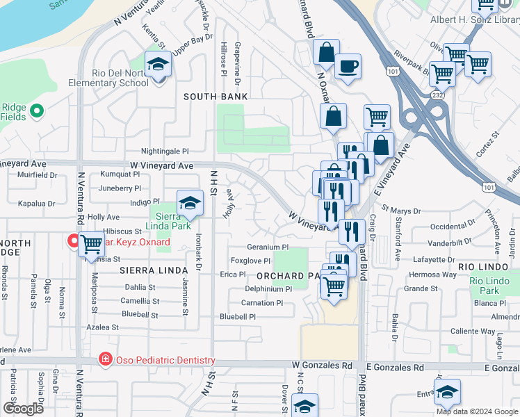 map of restaurants, bars, coffee shops, grocery stores, and more near 549 Holly Avenue in Oxnard